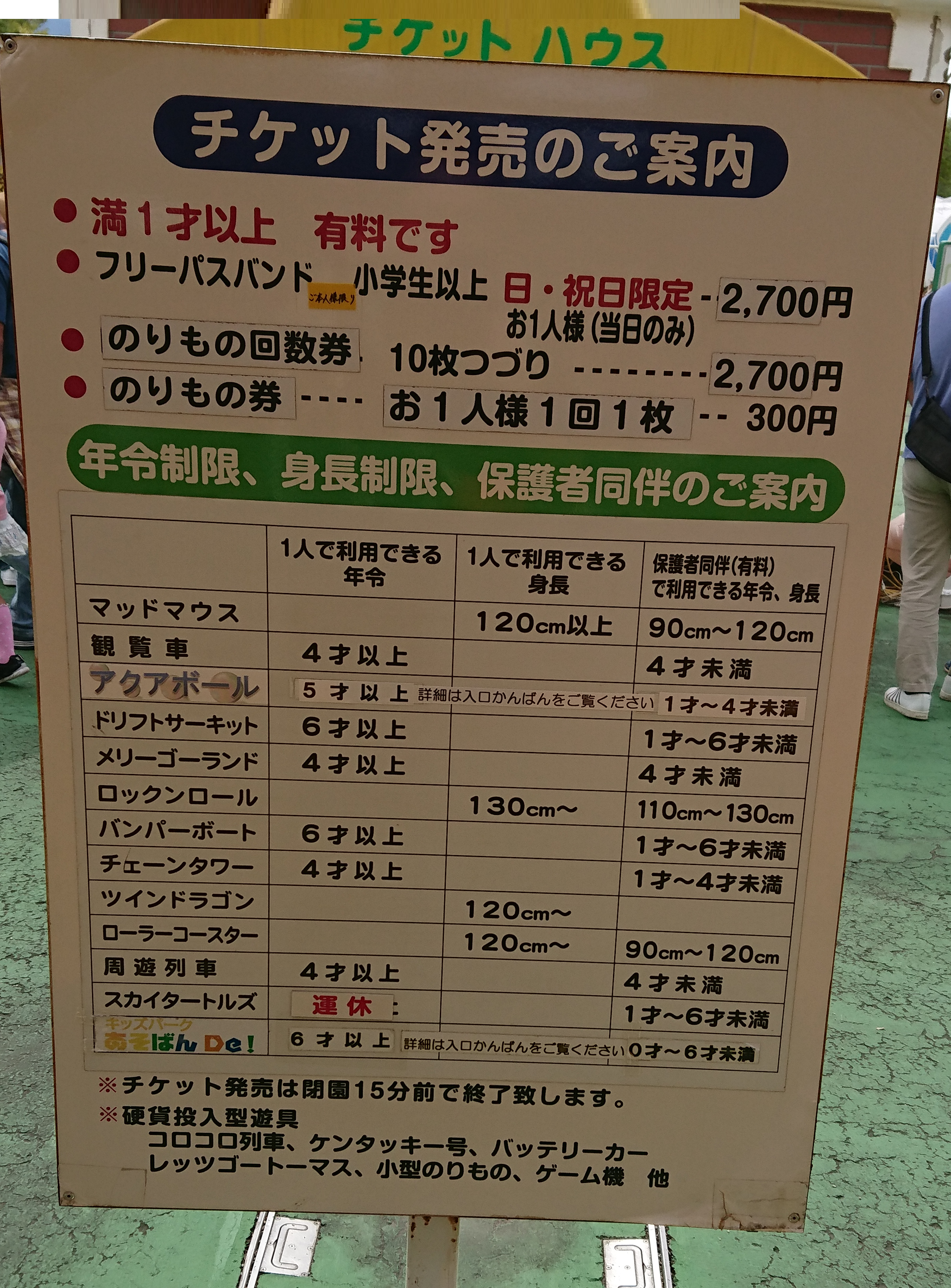徳島動物園の隣の遊園地の料金表